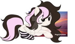 Size: 1024x605 | Tagged: safe, artist:magicdarkart, derpibooru import, oc, unofficial characters only, pegasus, pony, clothes, female, mare, prone, simple background, socks, solo, striped socks, transparent background, watermark