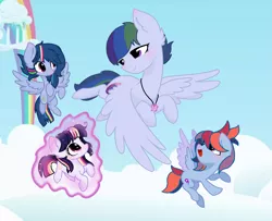 Size: 2699x2196 | Tagged: safe, artist:sparkledashyt, derpibooru import, oc, oc:celestial moon, oc:feather blaze, oc:magic flight, oc:sparkle dash, pegasus, pony, unicorn, female, filly, flying, high res, levitation, magic, magical lesbian spawn, mare, offspring, parent:rainbow dash, parent:twilight sparkle, parents:twidash, self-levitation, telekinesis