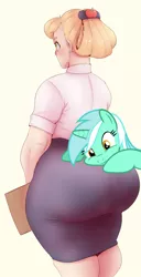 Size: 1208x2368 | Tagged: applebutt, applejack, artist:sundown, ass, ass worship, blushing, clothes, derpibooru import, edit, extra thicc, female, freckles, huge butt, human, humanized, impossibly large butt, jacqueline applebuck, large butt, lesbian, lyra heartstrings, pony on human action, skirt, solo, solo female, suggestive, the ass was fat, tight clothing, vector, wide hips