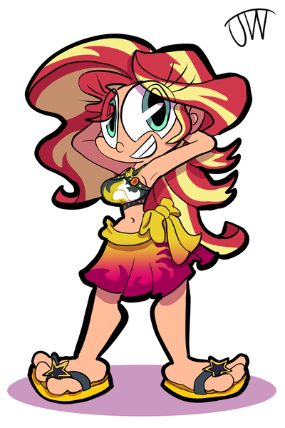 Size: 1470x2205 | Tagged: safe, artist:joeywaggoner, derpibooru import, sunset shimmer, human, equestria girls, equestria girls series, forgotten friendship, arm behind head, armpits, belly button, bikini, clothes, feet, female, humanized, looking at you, midriff, sandals, simple background, smiling, swimsuit, tanned, white background