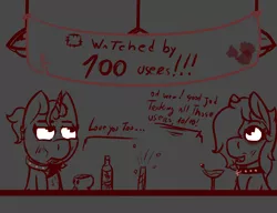 Size: 1300x1000 | Tagged: alcohol, artist:lazerblues, banner, derpibooru, derpibooru import, meta, milestone, monochrome, oc, oc:lazerblues, oc:miss eri, safe, unofficial characters only