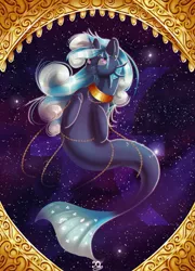 Size: 923x1280 | Tagged: safe, artist:xaneas, derpibooru import, oc, oc:tidal wave, unofficial characters only, pony, unicorn, chains, female, fish tail, gold, pisces, solo, space, zodiac