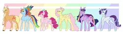 Size: 4846x1340 | Tagged: safe, artist:anyatrix, derpibooru import, applejack, fluttershy, pinkie pie, rainbow dash, rarity, twilight sparkle, twilight sparkle (alicorn), alicorn, earth pony, pegasus, pony, unicorn, alternate design, colored wings, female, hair bun, hairpin, mane six, mare, multicolored wings, rainbow wings, scar, size difference, socks (coat marking), story included, two toned wings