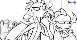 Size: 1200x628 | Tagged: safe, derpibooru import, screencap, princess ember, smolder, dragon, pony, school daze, animatic, black and white, claws, dragon wings, dragoness, fangs, female, grayscale, horns, monochrome, open mouth, wings