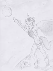 Size: 1639x2217 | Tagged: suggestive, artist:coppercat25, derpibooru import, princess luna, alicorn, pony, chains, female, grayscale, helmet, monochrome, moon, muscles, portal (valve), s1 luna, solo, space, space core, sun, traditional art