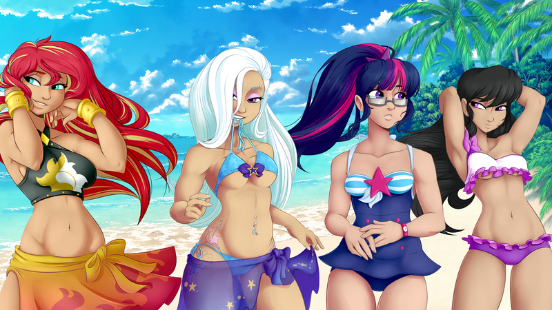 Size: 3840x2160 | Tagged: suggestive, artist:ponut_joe, artist:ponut_joe edit, derpibooru import, edit, editor:princecadance, octavia melody, sci-twi, sunset shimmer, trixie, twilight sparkle, human, equestria girls, equestria girls series, forgotten friendship, x marks the spot, abstract background, adonis belt, arm behind head, armpits, attached skirt, beach babe, beautiful, bedroom eyes, belly button, bellyring, bikini, bikini babe, bikini bottom, bikini top, black swimsuit, blue swimsuit, bow swimsuit, bracelet, breasts, busty sunset shimmer, busty trixie, clothes, cutie mark swimsuit, dark skin, eyebrow piercing, eyelashes, eyeshadow, female, freckles, frilled swimsuit, glasses, grin, happy, high res, human coloration, humanized, jeweled swimsuit, jewelry, lidded eyes, long hair, looking at you, makeup, midriff, moderate dark skin, mouth hold, multicolored hair, one-piece swimsuit, piercing, ponytail, purple swimsuit, red hair, sarong, sexy, side-tie bikini, sideboob, sideways glance, skirt, skirt lift, smiling, star printed swimsuit, string bikini, summer sunset, swimsuit, tattoo, thigh gap, tricolor swimsuit, underboob, wallpaper, wallpaper edit, wallpaper for the fearless, watch, wrap skirt, wristwatch, yellow hair