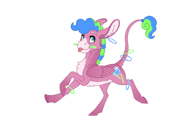 Size: 3000x2000 | Tagged: safe, artist:jackiebloom, derpibooru import, oc, oc:disco inferno, hybrid, mule, glowstick, high res, leonine tail, male, offspring, parent:pinkie pie, pegamule, simple background, solo, tongue out, transparent background