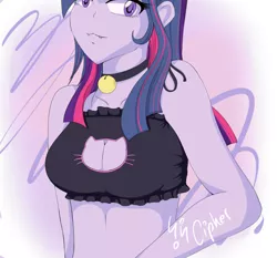 Size: 1165x1086 | Tagged: suggestive, artist:saucycipherwave, derpibooru import, twilight sparkle, equestria girls, :3, adorasexy, bell, bell collar, breasts, cat bell, cat lingerie, choker, cleavage, clothes, collar, cute, cute little fangs, fangs, female, lingerie, sexy, simple background, solo
