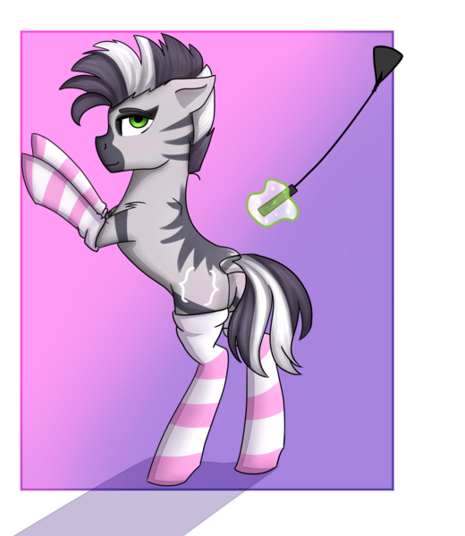 Size: 2600x3000 | Tagged: artist:rskyfly, clothes, derpibooru import, femboy, floppy ears, imminent spanking, implied spanking, looking at you, male, oc, oc:zebra north, plot, riding crop, socks, solo, solo male, spanking, stallion, striped socks, suggestive, unofficial characters only, whip, zebra, zebra oc