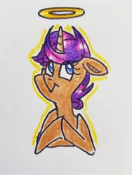 Size: 3024x4032 | Tagged: artist:smirk, derpibooru import, halo, hooves together, not scootaloo, oc, oc:grim grin, safe, totally innocent, traditional art, unofficial characters only