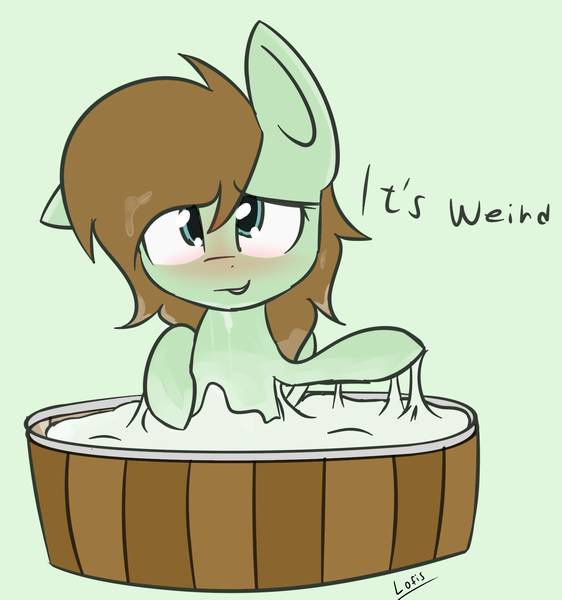 Size: 1790x1911 | Tagged: explicit, artist:lofis, derpibooru import, oc, oc:mint chocolate, pegasus, pony, bath, bathing, bathtub, blushing, covered in cum, cum, cum bath, cute, female, looking at something, mare, messy mane, sexy, simple background, smiling, solo, solo female, sticky, turned on, weirded out