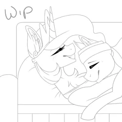 Size: 1000x1000 | Tagged: safe, artist:melodytheartpony, derpibooru import, princess celestia, oc, alicorn, earth pony, pony, couch, cuddling, cute, female, happy, mare, monochrome, sketch, wip