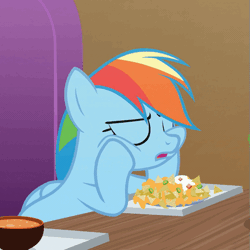 Size: 509x508 | Tagged: safe, derpibooru import, screencap, rainbow dash, pegasus, pony, grannies gone wild, animated, chips, cropped, cute, dashabetes, faceplant, floppy ears, food, frustrated, gif, madorable, nachos, solo, soup