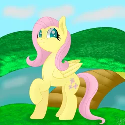 Size: 6000x6000 | Tagged: safe, artist:flamelight-dash, derpibooru import, fluttershy, pegasus, pony, absurd resolution, cute, female, folded wings, looking at you, looking sideways, mare, raised hoof, river, shyabetes, smiling, solo, wings