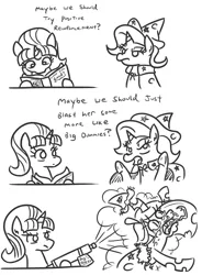 Size: 804x1090 | Tagged: safe, artist:jargon scott, derpibooru import, queen chrysalis, starlight glimmer, trixie, changeling, changeling queen, pony, unicorn, abuse, accessory swap, black and white, book, bug blast, bug spray, chrysabuse, comic, crying, dialogue, disguise, disguised changeling, duo, female, frown, glare, grayscale, hoof hold, lidded eyes, mare, monochrome, open mouth, pesticide, punish the villain, reading, simple background, sitting, snot, teary eyes, tongue out, underhoof, white background, wide eyes