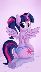 Size: 2160x3840 | Tagged: suggestive, artist:andelai, derpibooru import, twilight sparkle, twilight sparkle (alicorn), alicorn, pony, semi-anthro, adorasexy, clothes, cute, cutie mark, dock, female, kneeling, lingerie, mare, panties, plot, ponytail, sexy, smiling, socks, solo, solo female, spread wings, stockings, thigh highs, twibutt, underhoof, underwear, wings