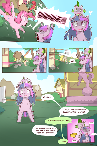 Size: 2400x3600 | Tagged: questionable, artist:cold-blooded-twilight, derpibooru import, pinkie pie, spike, twilight sparkle, dragon, earth pony, pony, unicorn, cold blooded twilight, comic:cold storm, anal beads, baguette, banana, blushing, box, bread, clothes, comic, dialogue, dildo, dragon dildo, female, food, gloves, grenade, mare, nope, plot, rubber chicken, screaming, sex toy, smiling, statue, tail