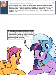 Size: 600x800 | Tagged: safe, artist:dekomaru, derpibooru import, edit, scootaloo, trixie, twilight sparkle, pegasus, pony, unicorn, tumblr:ask twixie, ask, female, lesbian, pregnant, pregnant scootaloo, shipping, spanish, translation, tumblr, twixie