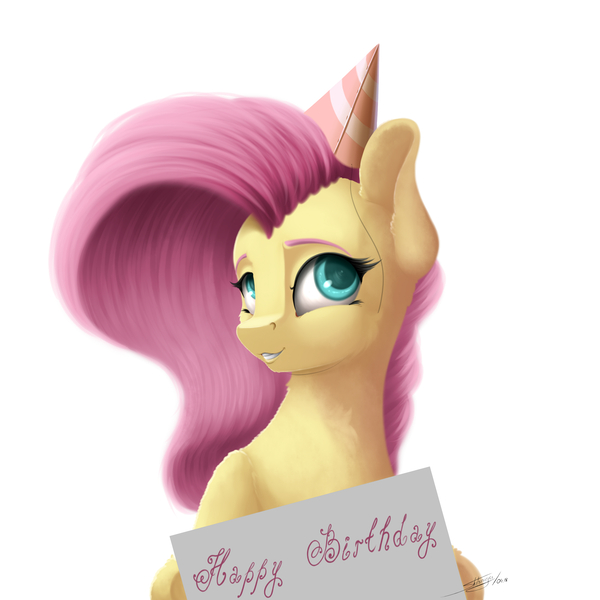 Size: 3000x3000 | Tagged: safe, artist:skitsniga, derpibooru import, fluttershy, pony, birthday, cute, female, hat, mare, party hat, shyabetes, sign, simple background, smiling, solo, white background