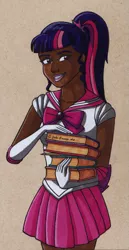 Size: 787x1523 | Tagged: adorkable, anime, artist:fires-storm, beautiful, book, clothes, crossover, cute, dark skin, derpibooru import, dork, female, human, humanized, lipstick, part of a set, pink lipstick, pleated skirt, ponytail, safe, sailor moon, sailor scout, sailor twilight, sci-twi, skirt, smiling, solo, traditional art, twiabetes, twilight sparkle, woman