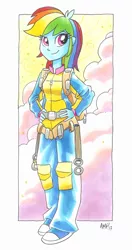 Size: 868x1649 | Tagged: safe, artist:tonyfleecs, derpibooru import, rainbow dash, equestria girls, clothes, cloud, commission, converse, female, hand on waist, hands on waist, ink, jumpsuit, looking at you, markers, parachute, shoes, sneakers, solo, traditional art
