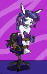 Size: 480x742 | Tagged: suggestive, artist:gaggeddude32, artist:iron-neko, derpibooru import, edit, edited edit, rarity, equestria girls, bondage, bound and gagged, breasts, bunny suit, busty rarity, cleavage, clothes, edit of an edit of an edit, gag, high heels, leotard, office chair, playboy bunny, rope, rope bondage, sexy, shoes, thong leotard