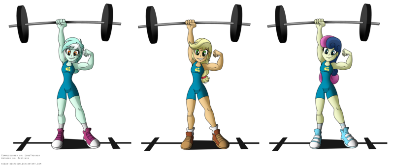 Size: 2249x950 | Tagged: safe, artist:niban-destikim, derpibooru import, applejack, bon bon, lyra heartstrings, sweetie drops, equestria girls, applejacked, barbell, biceps, blonde, bon bombastic, clothes, commission, converse, flexing, hatless, lifting, lyra hamstrings, missing accessory, muscles, shoes, simple background, smiling, strong, stronk, super strength, transparent background, weight lifting, wondercolts
