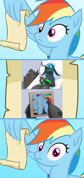 Size: 482x1024 | Tagged: safe, artist:saphire-systrine, artist:underpable, derpibooru import, edit, editor:secrettitan, screencap, queen chrysalis, rainbow dash, changeling, changeling queen, pony, equestria girls, grannies gone wild, rainbow rocks, the mean 6, bed, blank, blushing, camera, comic, cropped, crossing the memes, exploitable, exploitable meme, fangs, female, floppy ears, former queen chrysalis, image macro, long ears, mare, meme, memeception, message, meta, photo, plot, queen chrysalis's photo, rainbow dash reading a scroll, rainbutt dash, scroll, smiling