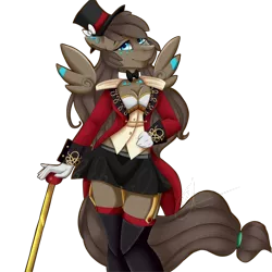 Size: 1024x1024 | Tagged: anthro, anthro oc, artist:crecious, bowtie, breasts, cane, cleavage, clothes, derpibooru import, digital art, female, floating wings, garters, gloves, hat, mare, oc, pegasus, safe, simple background, smiling, solo, stockings, thigh highs, top hat, transparent background, unofficial characters only