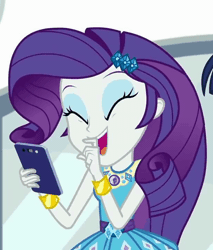 Size: 614x720 | Tagged: safe, derpibooru import, screencap, rarity, equestria girls, equestria girls series, text support, text support: rarity, animated, cropped, cute, geode of shielding, laughing, magical geodes, mobile phone, noblewoman's laugh, phone, raribetes, smartphone