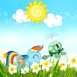 Size: 960x960 | Tagged: safe, derpibooru import, official, rainbow dash, tank, pegasus, pony, cloud, eyes closed, female, flower, flying, goggles, grass, mare, nuzzling, official art, saddle bag, sky, solo, sun