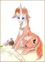 Size: 600x831 | Tagged: safe, artist:veda, derpibooru import, oc, ponified, unofficial characters only, pony, unicorn, furryguys, magic, magic circle, simple background, solo, traditional art, watercolor painting