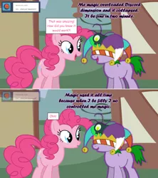 Size: 1280x1444 | Tagged: safe, artist:hakunohamikage, derpibooru import, pinkie pie, oc, oc:laughter, pony, ask-princesssparkle, ask, hat, jester hat, tumblr