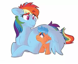 Size: 1700x1400 | Tagged: safe, artist:canisrettmajoris, derpibooru import, rainbow dash, oc, oc:quick-witt, pegasus, pony, colt, crying, duo, female, hug, looking at each other, lying down, male, mare, momma dash, mother and son, offspring, parent:quibble pants, parent:rainbow dash, parents:quibbledash, raised eyebrow, simple background, smiling, thick eyebrows, white background, winghug