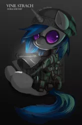 Size: 2053x3118 | Tagged: safe, artist:theprince, derpibooru import, vinyl scratch, pony, unicorn, beanie, clothes, crossover, dokkaebi, female, glasses, gradient background, hacker, hat, korean, looking over shoulder, mare, rainbow six siege, sitting, solo, tablet, uniform, vinyl's glasses, watermark