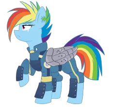 Size: 2100x1850 | Tagged: safe, artist:canisrettmajoris, derpibooru import, rainbow dash, pegasus, pony, alternate timeline, amputee, apocalypse dash, armor, augmented, clothes, crystal war timeline, eye scar, female, frown, mare, profile, prosthetic limb, prosthetic wing, prosthetics, raised leg, scar, simple background, solo, torn ear, transparent background, uniform