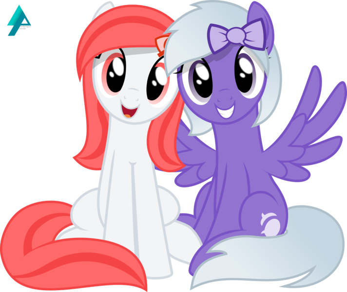 Size: 2700x2274 | Tagged: safe, artist:arifproject, derpibooru import, oc, oc:comment, oc:hide image, ponified, unofficial characters only, earth pony, pegasus, pony, derpibooru, bow, cute, derpibooru ponified, duo, female, grin, hair bow, looking at you, mare, meta, ocbetes, simple background, sitting, smiling, spread wings, transparent background, vector, wings