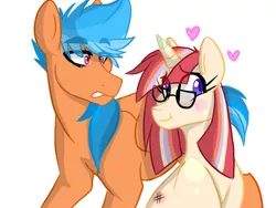 Size: 1600x1200 | Tagged: safe, artist:canisrettmajoris, derpibooru import, oc, oc:dawn, oc:quick-witt, unofficial characters only, pegasus, pony, unicorn, blushing, bruised, female, glasses, heart, male, mare, next generation, oc x oc, offspring, offspring shipping, parent:moondancer, parent:quibble pants, parent:rainbow dash, parent:sunburst, parents:quibbledash, parents:sundancer, scrunchy face, shipping, simple background, stallion, straight, white background