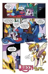 Size: 995x1529 | Tagged: safe, artist:andypriceart, derpibooru import, idw, golden feather, princess celestia, princess luna, queen chrysalis, tiberius, alicorn, opossum, pegasus, pony, spoiler:comic, spoiler:comic65, comic, disguise, female, magic, mare, official comic, playing card, ponyloaf, preview, raised hoof, sarcasm, speech bubble, telekinesis