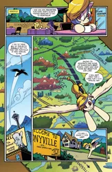 Size: 995x1529 | Tagged: safe, artist:andypriceart, derpibooru import, idw, golden feather, princess celestia, pegasus, pony, spoiler:comic, spoiler:comic65, braided tail, comic, female, flying, frasier crane, horses doing horse things, lapping, map, map of equestria, mare, official comic, preview, seaddle, speech bubble, spread wings, unicorn range, wings