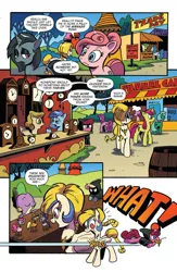 Size: 995x1529 | Tagged: safe, artist:andypriceart, derpibooru import, idw, applejack, golden feather, princess celestia, rarity, scarlet petal, spike, sweetcream scoops, twilight sparkle, dragon, earth pony, pegasus, pony, unicorn, spoiler:comic, spoiler:comic65, accessory theft, braid, braided tail, clock, clothes, comic, female, filly, foal, foreshadowing, hoodie, male, mare, mouth hold, official comic, preview, speech bubble, stealing, thief