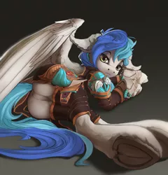 Size: 1900x1980 | Tagged: dead source, suggestive, artist:apostolllll, derpibooru import, oc, oc:coldfire, unofficial characters only, pegasus, pony, ear piercing, earring, fangs, featureless crotch, female, floppy ears, gradient background, jewelry, looking at you, lying down, mare, piercing, plot, solo, underhoof