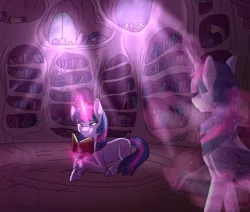 Size: 2048x1740 | Tagged: safe, artist:fireheartsk, derpibooru import, twilight sparkle, twilight sparkle (alicorn), alicorn, pony, unicorn, book, crepuscular rays, cutie mark, duality, female, glowing horn, golden oaks library, library, lying down, magic, mare, memory, reading, solo, telekinesis, transparent