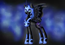 Size: 1024x719 | Tagged: safe, artist:fireheartsk, derpibooru import, nightmare moon, alicorn, pony, black background, cutie mark, ethereal mane, fangs, female, helmet, jewelry, looking at you, mare, regalia, simple background, solo, spread wings, starry mane, wings