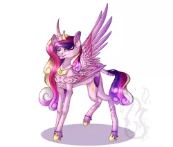 Size: 2048x1740 | Tagged: safe, artist:fireheartsk, derpibooru import, princess cadance, alicorn, pony, beauty mark, body markings, chest fluff, curved horn, cutie mark, ear fluff, female, jewelry, leonine tail, mare, one eye closed, one wing out, regalia, simple background, smiling, solo, white background
