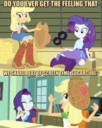 Size: 2048x2561 | Tagged: safe, derpibooru import, edit, edited screencap, screencap, applejack, rarity, equestria girls, equestria girls series, forgotten friendship, rainbow rocks, breaking the fourth wall, cropped, duo, image macro, meme, shipping fuel, sugarcube