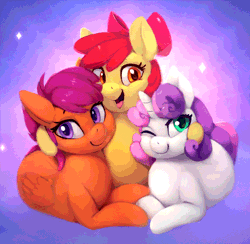 Size: 700x683 | Tagged: safe, artist:mrscurlystyles, artist:rodrigues404, derpibooru import, apple bloom, scootaloo, sweetie belle, earth pony, pegasus, pony, unicorn, adorabloom, animated, animated background, cinemagraph, collaboration, curly is trying to murder us, cute, cutealoo, cutie mark crusaders, cutie mark cuties, diasweetes, female, filly, hair ribbon, horn, one eye closed, open mouth, smiling, sparkles, trio, wings
