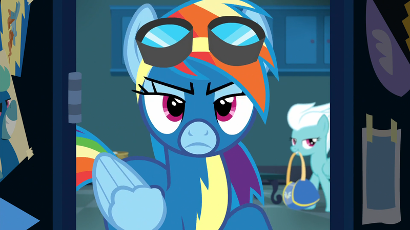 Size: 1920x1080 | Tagged: safe, derpibooru import, screencap, fleetfoot, rainbow dash, pegasus, pony, grannies gone wild, annoyed, clothes, duffle bag, female, goggles, mare, mouth hold, solo focus, uniform, wonderbolts uniform