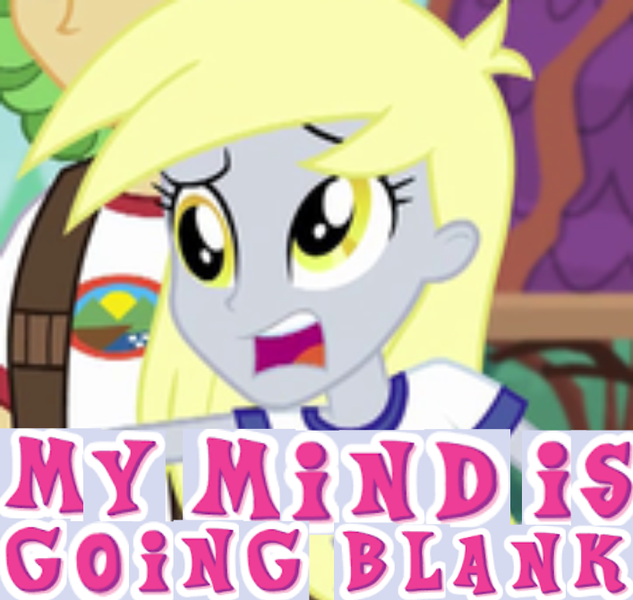 Size: 707x670 | Tagged: safe, derpibooru import, edit, edited screencap, screencap, derpy hooves, equestria girls, legend of everfree, amnesia, caption, cropped, expand dong, exploitable meme, image macro, meme, sad, scared, solo focus