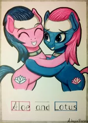 Size: 759x1064 | Tagged: safe, artist:adagiostring, derpibooru import, aloe, lotus blossom, earth pony, pony, background pony, female, hug, mare, markers, sisters, sketch, spa pony, spa twins, traditional art